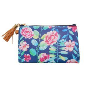 L.I.B New York Brand Zip Pouch Blue / Pink Floral Pattern for Makeup Cosmetics